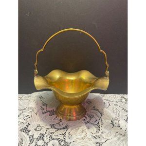 Vintage Brass Basket Swivel Handle Scalloped Rim Pedestal Basket MCM